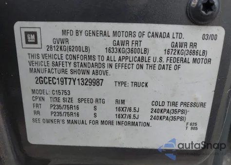 2000 Chevrolet Silverado C1500 from USA, damaged, VIN 2GCEC19T7Y1329987